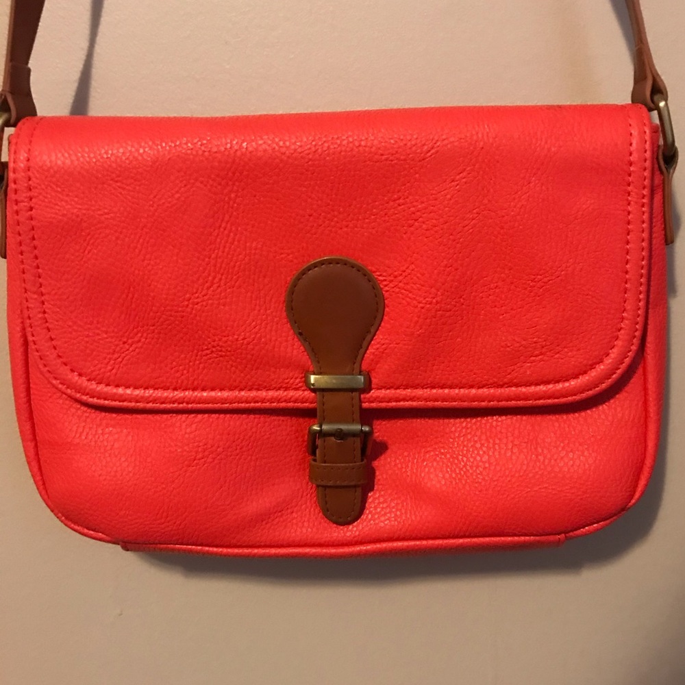 Hot coral satchel purse with magnetic button strap